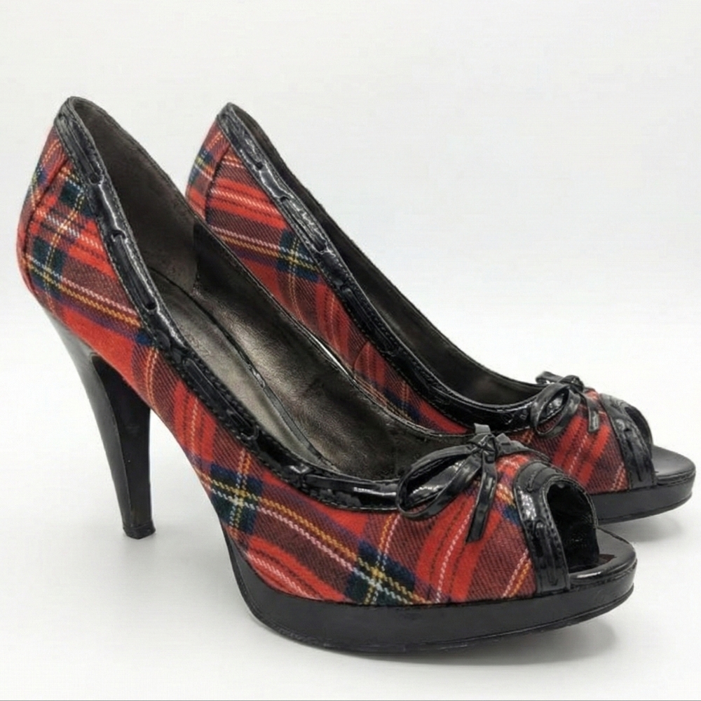 Red Tartan Heels | Christmas Party Plaid Shoes | Peep-Toe Heels